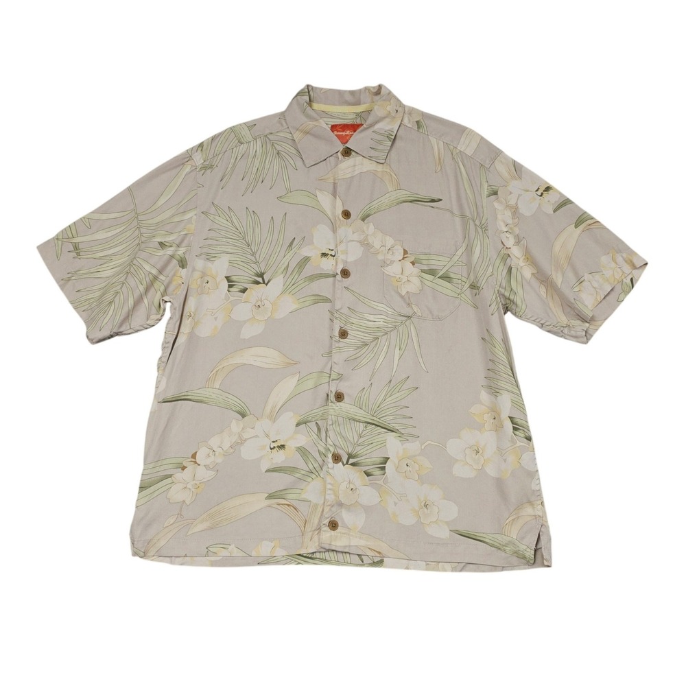 Tommy Bahama Button Up Mens Small Tan Floral Silk Tropical Hawaiian Beach Shirt